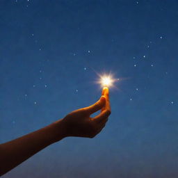 Generate a simple, yet profound, image depicting the pursuit of dreams. Incorporate an individual physically reaching for a bright, distant star. The image should be easy to recreate for a project.