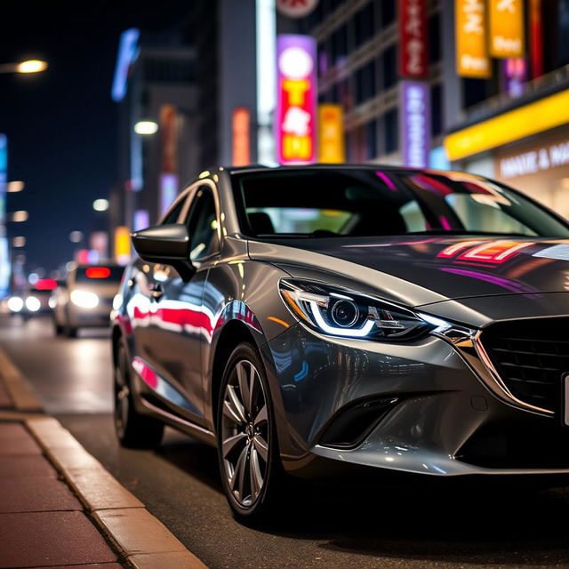 A sleek Mazda 2 sedan in a dark gray (plomo oscuro) color parked on a vibrant city street