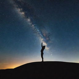 Generate a simple, yet profound, image depicting the pursuit of dreams. Incorporate an individual physically reaching for a bright, distant star. The image should be easy to recreate for a project.