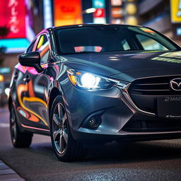 A sleek Mazda 2 sedan in a dark gray (plomo oscuro) color parked on a vibrant city street