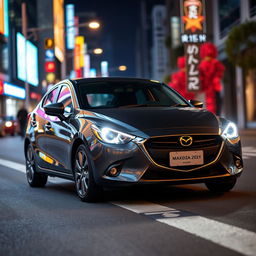 A sleek Mazda 2 sedan in a dark gray (plomo oscuro) color parked on a vibrant city street