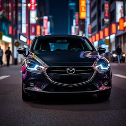 A sleek Mazda 2 sedan in a dark gray (plomo oscuro) color parked on a vibrant city street