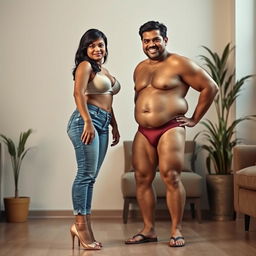 A hyper-realistic image of an Indian, curvy, thick, and busty middle-aged wife, showcasing her stunning beauty and feminine allure