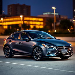 A sleek and modern Mazda 2 sedan in a dark gray (plomo oscuro) color, featuring stylish 18-inch rims