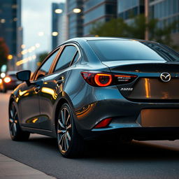 A sleek and modern Mazda 2 sedan in a dark gray (plomo oscuro) color, featuring stylish 18-inch rims