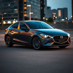 A sleek and modern Mazda 2 sedan in a dark gray (plomo oscuro) color, featuring stylish 18-inch rims