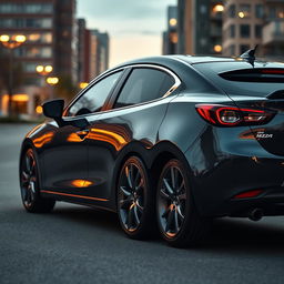 A sleek and modern Mazda 2 sedan in a dark gray (plomo oscuro) color, featuring stylish 18-inch rims