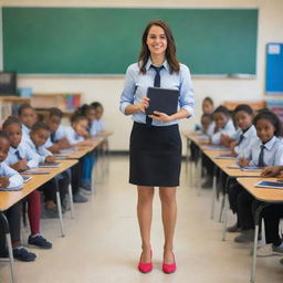 A 22 year old teacher of the 21st century, in a full body view showing her professional attire and shoes, holding a tablet, in a vibrant classroom filled with children.