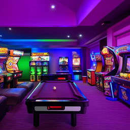 A spacious 30 square meter games room with a pool table, arcade machines, a modern gaming console, comfortable seating and optimal lighting.