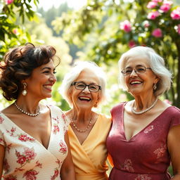 An elegant and tasteful composition featuring mature women celebrating their beauty and confidence in a serene outdoor setting