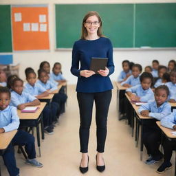 A 22 year old teacher of the 21st century, in a full body view showing her professional attire and shoes, holding a tablet, in a vibrant classroom filled with children.