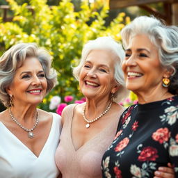 An elegant and tasteful composition featuring mature women celebrating their beauty and confidence in a serene outdoor setting