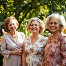 An elegant and tasteful composition featuring mature women celebrating their beauty and confidence in a serene outdoor setting