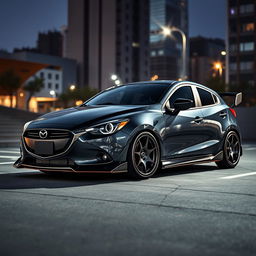 A custom-tuned Mazda 2 sedan in dark gray (plomo oscuro), modified to resemble the sporty Mazda MX-5