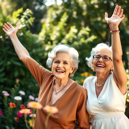 An elegant and tasteful composition featuring mature women celebrating their beauty and confidence in a serene outdoor setting