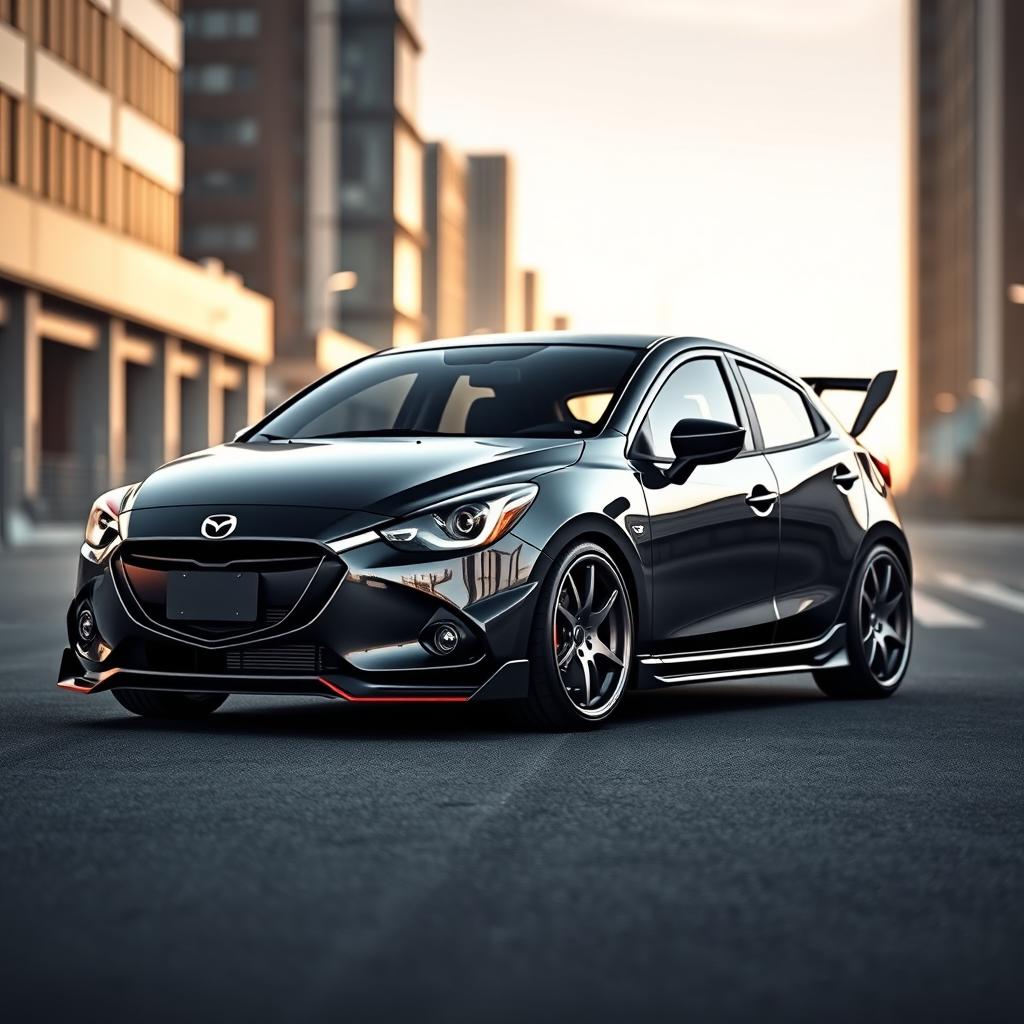 A custom-tuned Mazda 2 sedan in dark gray (plomo oscuro), modified to resemble the sporty Mazda MX-5