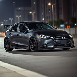 A custom-tuned Mazda 2 sedan in dark gray (plomo oscuro), modified to resemble the sporty Mazda MX-5