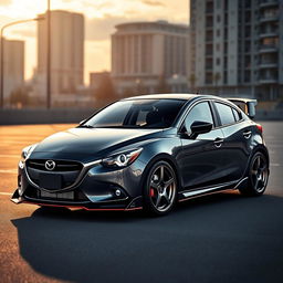 A custom-tuned Mazda 2 sedan in dark gray (plomo oscuro), modified to resemble the sporty Mazda MX-5