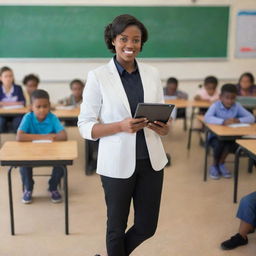 A 22 year old teacher of the 21st century, in a full body view showing her professional attire and shoes, holding a tablet, in a vibrant classroom filled with children.