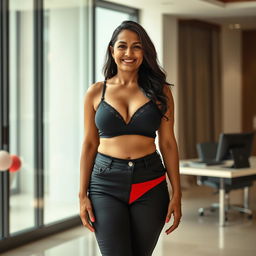 A realistic image of a beautiful mature chubby Indian woman aged 40, wearing a black bra and low-waist black tight jeans