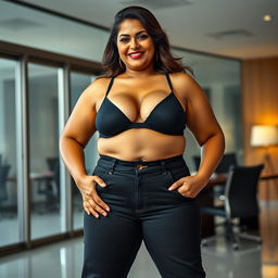 A realistic image of a beautiful mature chubby Indian woman aged 40, wearing a black bra and low-waist black tight jeans