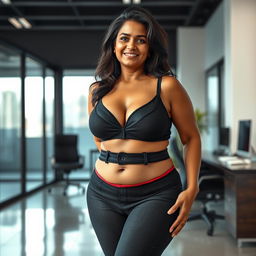 A realistic image of a beautiful mature chubby Indian woman aged 40, wearing a black bra and low-waist black tight jeans