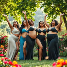 An artistic representation of women celebrating body positivity and confidence in a beautiful environment