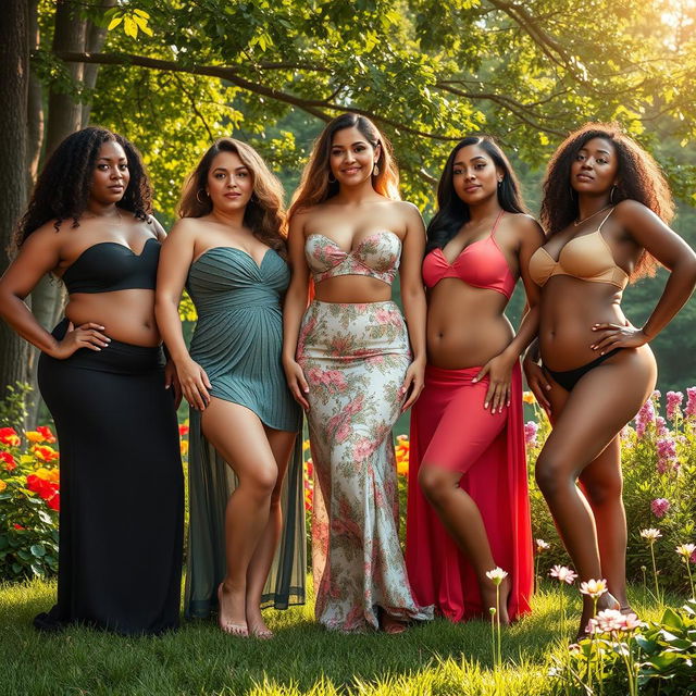 An artistic representation of women celebrating body positivity and confidence in a beautiful environment