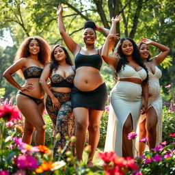 An artistic representation of women celebrating body positivity and confidence in a beautiful environment