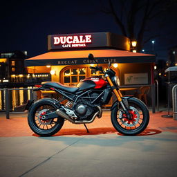 A hyper-realistic image of a Ducati Scrambler motorcycle, featuring a striking black and red color scheme and shiny alloy wheels