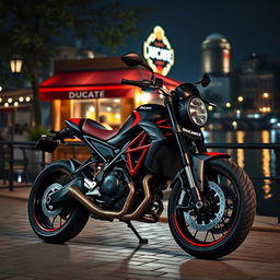 A hyper-realistic image of a Ducati Scrambler motorcycle, featuring a striking black and red color scheme and shiny alloy wheels