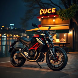 A hyper-realistic image of a Ducati Scrambler motorcycle, featuring a striking black and red color scheme and shiny alloy wheels