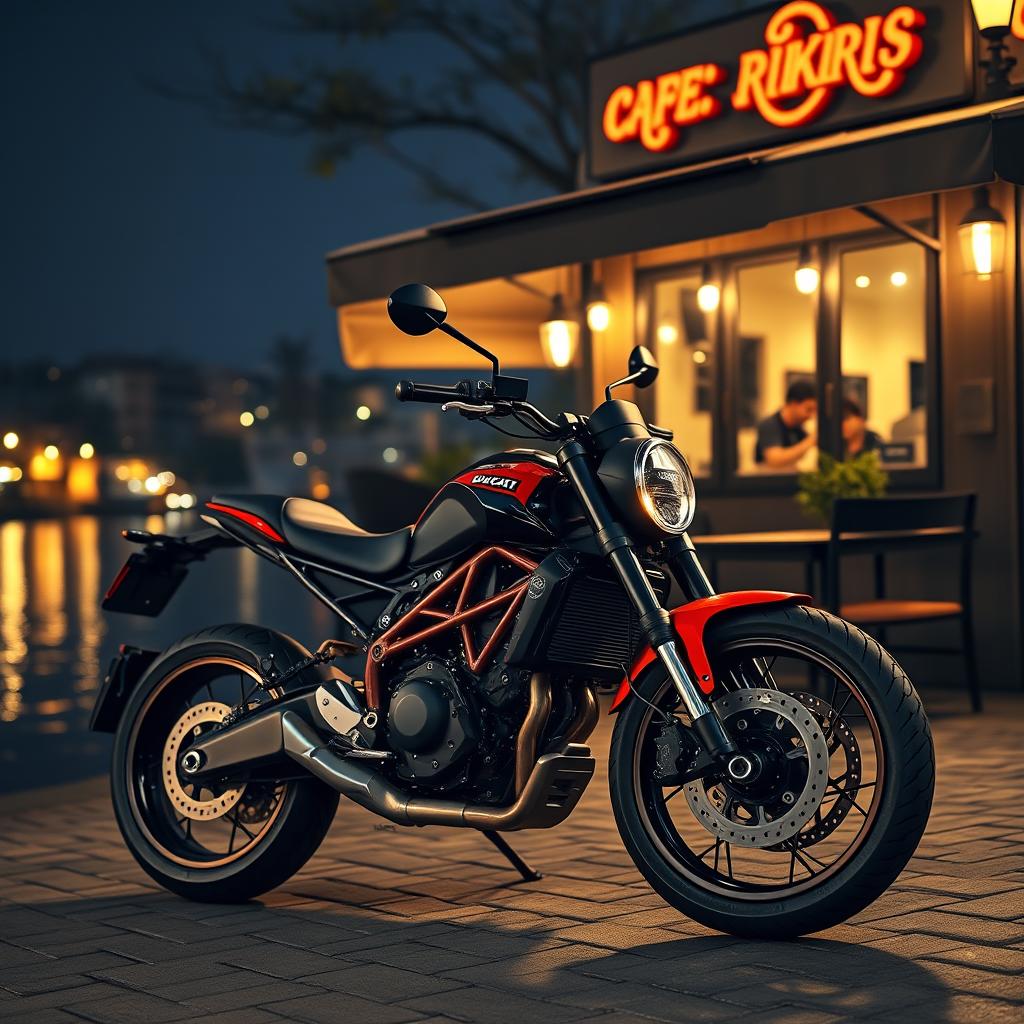 A hyper-realistic image of a Ducati Scrambler motorcycle, featuring a striking black and red color scheme and shiny alloy wheels