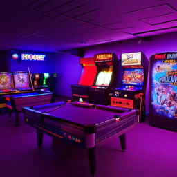 A spacious 30 square meter games room with a pool table, arcade machines, a modern gaming console, comfortable seating and optimal lighting.