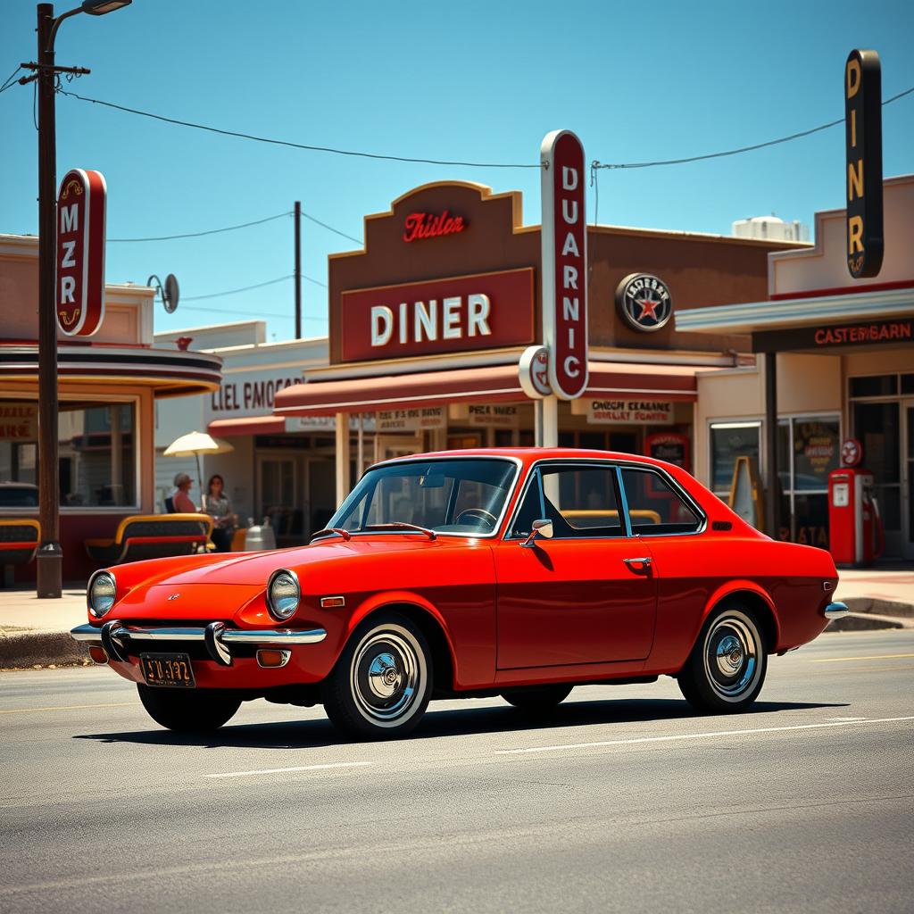 A retro-styled Mazda 2 sedan as if it were designed in 1969 America, featuring a sleek, compact body with rounded edges typical of cars from that era