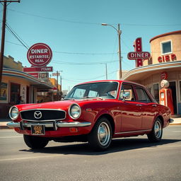 A retro-styled Mazda 2 sedan as if it were designed in 1969 America, featuring a sleek, compact body with rounded edges typical of cars from that era