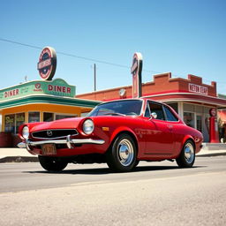 A retro-styled Mazda 2 sedan as if it were designed in 1969 America, featuring a sleek, compact body with rounded edges typical of cars from that era