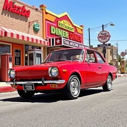 A retro-styled Mazda 2 sedan as if it were designed in 1969 America, featuring a sleek, compact body with rounded edges typical of cars from that era