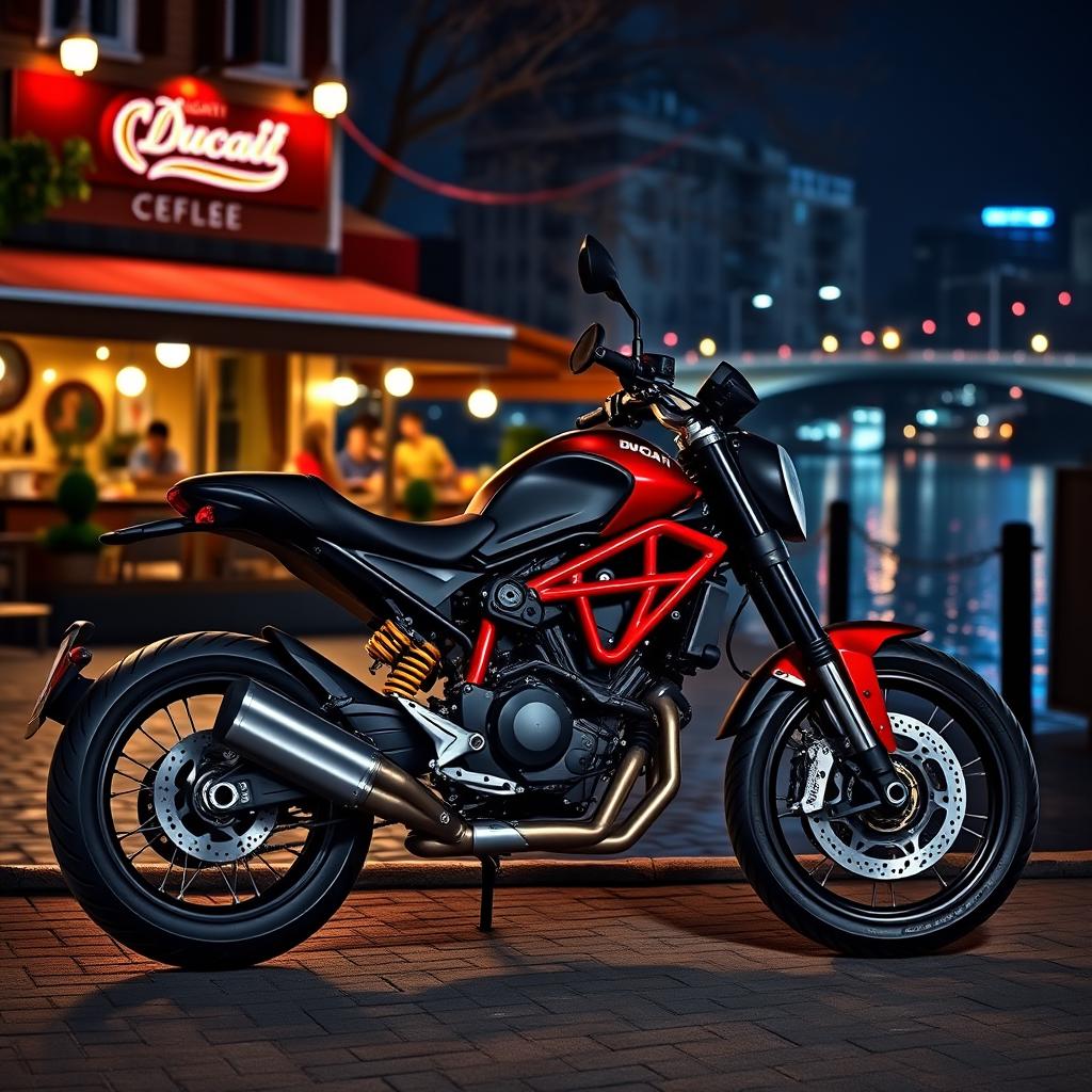 A hyper-realistic image of a 2018 Ducati Scrambler nightshirt model, showcasing a sleek black and red color scheme and polished alloy wheels