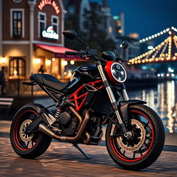 A hyper-realistic image of a 2018 Ducati Scrambler nightshirt model, showcasing a sleek black and red color scheme and polished alloy wheels