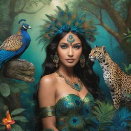 Create a tasteful, artistic representation of an Indian nymph, a majestic jaguar, and a vibrant peacock in a mystical forest. The nymph and animals live in harmony, their forms highlighted by the ethereal light filtering through the lush foliage.