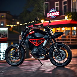 A hyper-realistic image of a 2018 Ducati Scrambler nightshirt model, showcasing a sleek black and red color scheme and polished alloy wheels