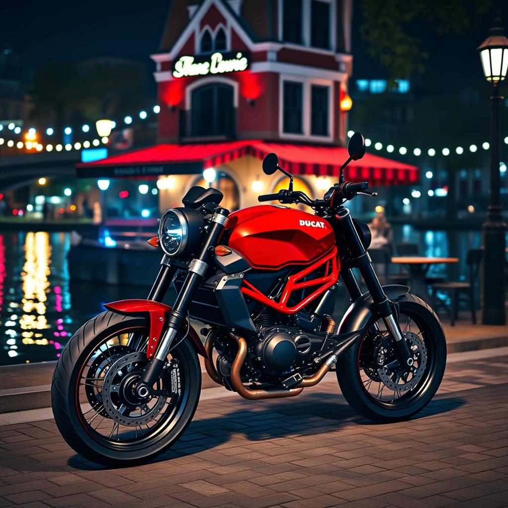 A hyper-realistic image of a 2018 Ducati Scrambler nightshirt model, showcasing a sleek black and red color scheme and polished alloy wheels