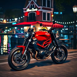 A hyper-realistic image of a 2018 Ducati Scrambler nightshirt model, showcasing a sleek black and red color scheme and polished alloy wheels