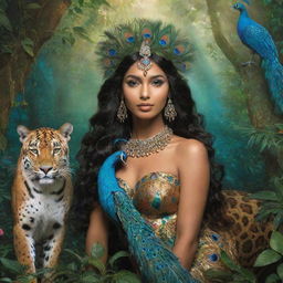 Create a tasteful, artistic representation of an Indian nymph, a majestic jaguar, and a vibrant peacock in a mystical forest. The nymph and animals live in harmony, their forms highlighted by the ethereal light filtering through the lush foliage.