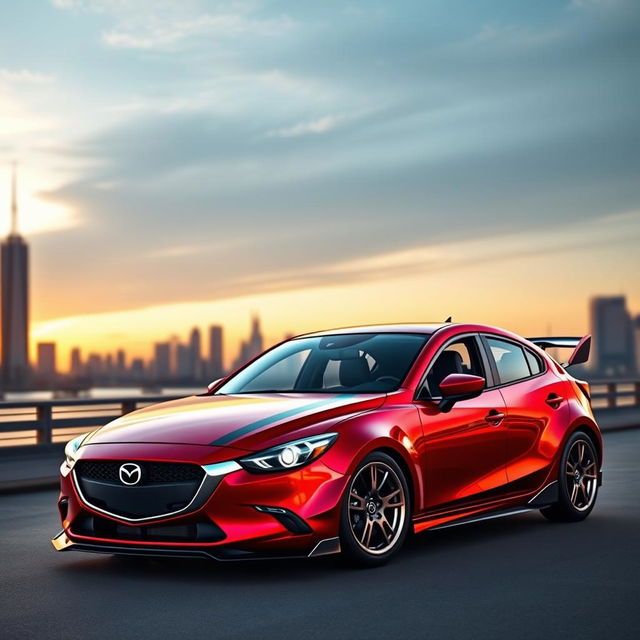 Imagine a Mazda 2 sedan transformed into a powerful muscle car, featuring a bold and aggressive design with a low stance and wide body