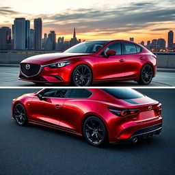 Imagine a Mazda 2 sedan transformed into a powerful muscle car, featuring a bold and aggressive design with a low stance and wide body