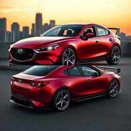 Imagine a Mazda 2 sedan transformed into a powerful muscle car, featuring a bold and aggressive design with a low stance and wide body