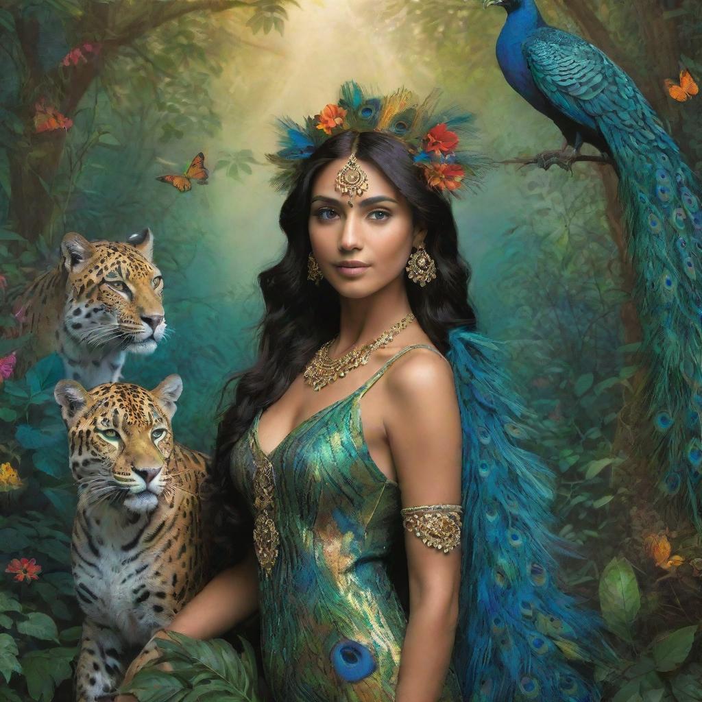 Create a tasteful, artistic representation of an Indian nymph, a majestic jaguar, and a vibrant peacock in a mystical forest. The nymph and animals live in harmony, their forms highlighted by the ethereal light filtering through the lush foliage.