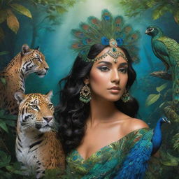 Create a tasteful, artistic representation of an Indian nymph, a majestic jaguar, and a vibrant peacock in a mystical forest. The nymph and animals live in harmony, their forms highlighted by the ethereal light filtering through the lush foliage.